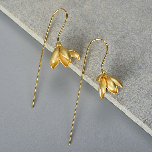 Magnolia Flower Needle Earrings (925 Sterling Silver)