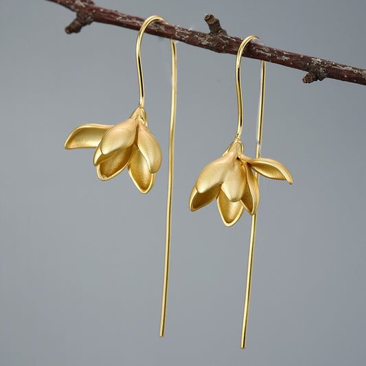 Magnolia Flower Needle Earrings (925 Sterling Silver)