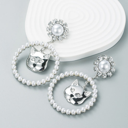 Diamond-studded Cat Head Pearl Earrings (925 Sterling Silver)