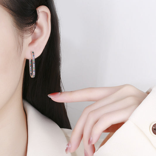 Diamond Inlaid Rectangular Vintage Geometric Earrings (925 Sterling Silver)