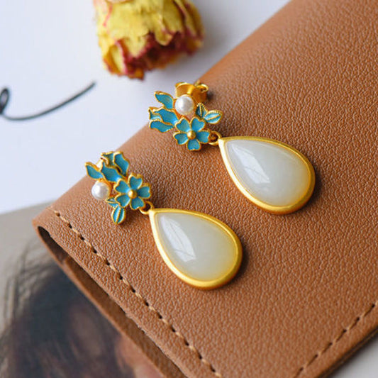Natural White Jade Drop-shaped Long Earrings