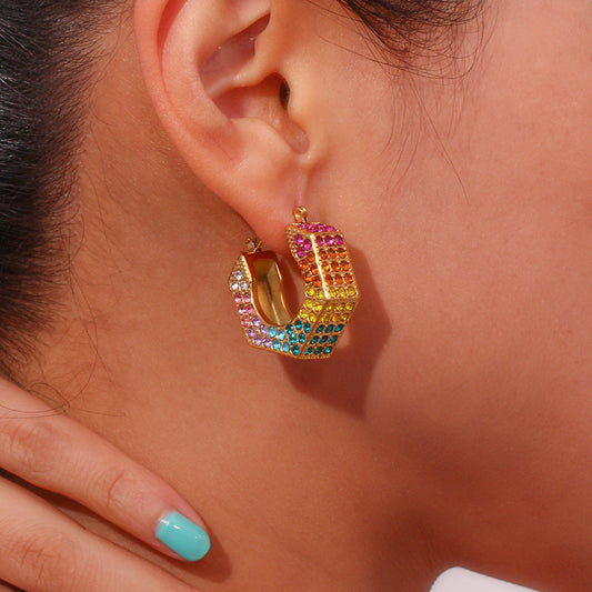 Retro Hexagonal Diamond Box Earring (18K Gold Plated)