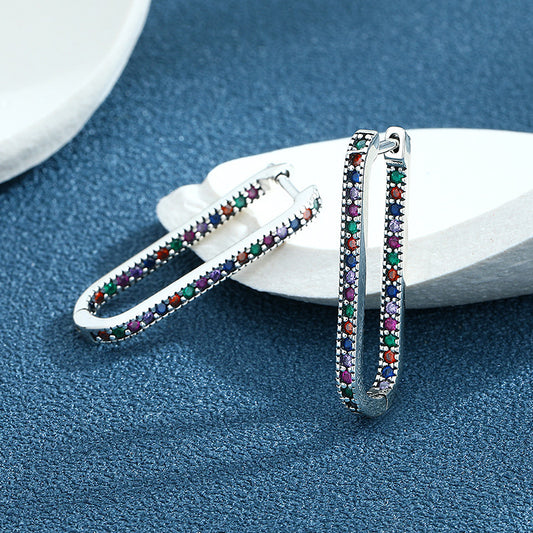 Diamond Inlaid Rectangular Vintage Geometric Earrings (925 Sterling Silver)