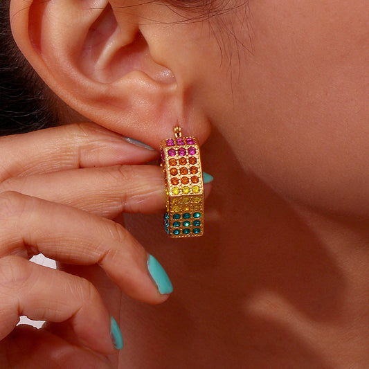 Retro Hexagonal Diamond Box Earring (18K Gold Plated)