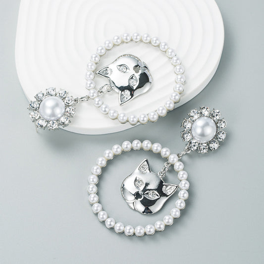 Diamond-studded Cat Head Pearl Earrings (925 Sterling Silver)
