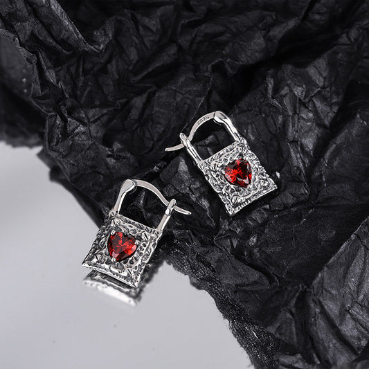Vintage Silver Lock Inlaid With Heart-shaped Zircon Earrings (925 Sterling Silver)