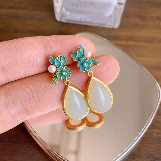 Natural White Jade Drop-shaped Long Earrings